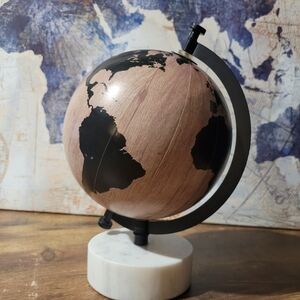 Chic And Eye Catching Wooden Look Globe. Black Continents on White Marble Base.